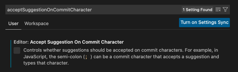 &quot;editor.acceptSuggestionOnCommitCharacter&quot;: false