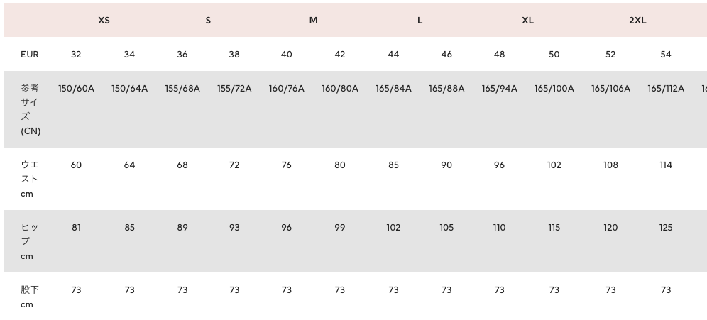 H&M sizechart