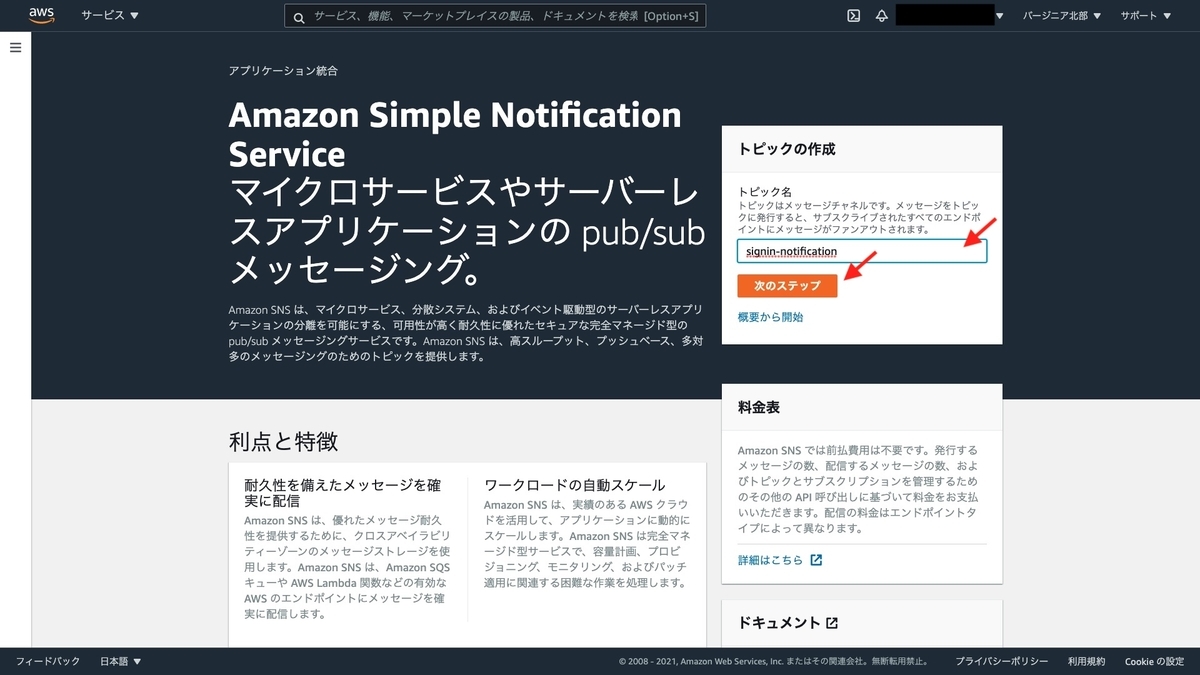 SNS のコンソール画面