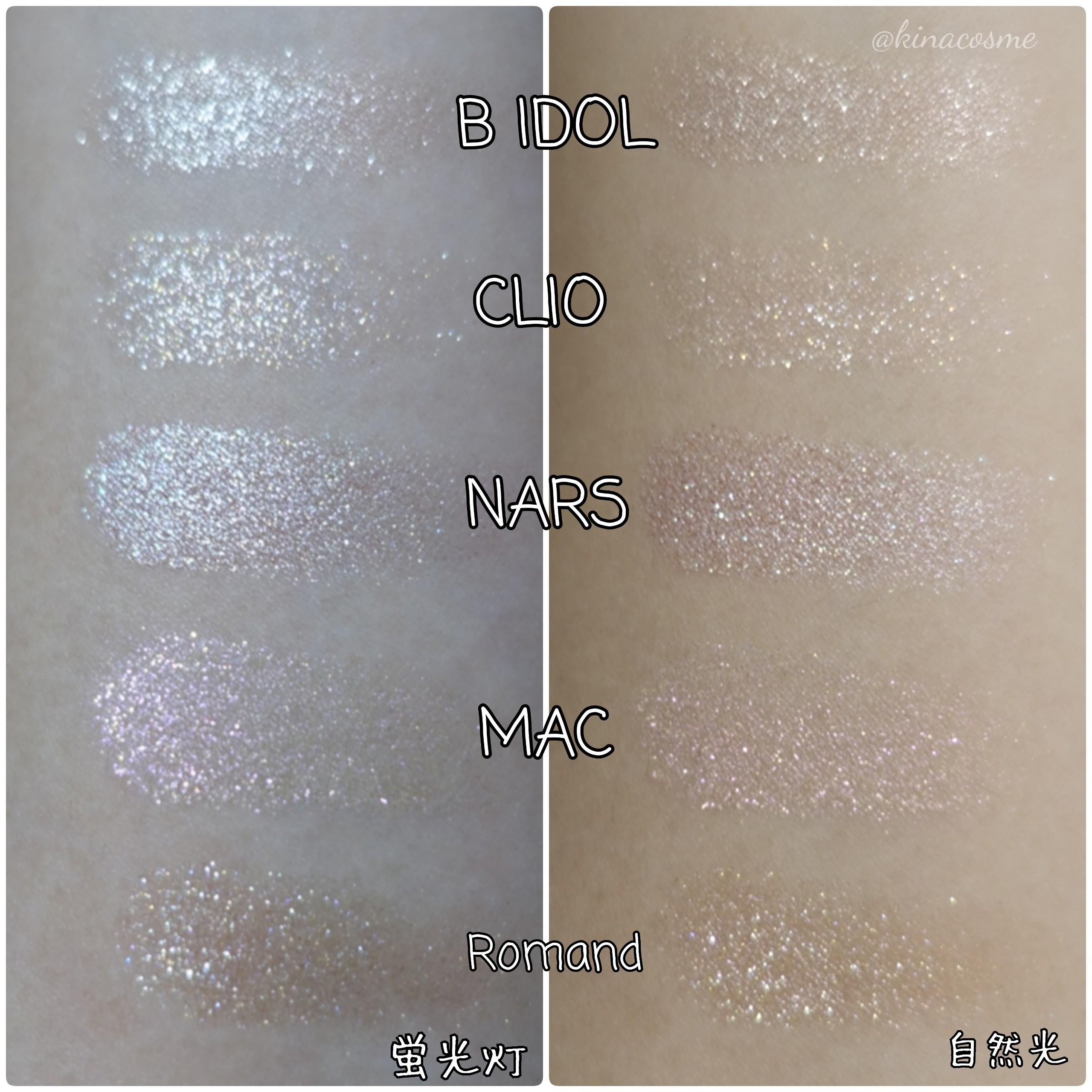 f:id:kinako4427:20201015164424j:image アイシャドウ ラメ比較 BIDOL CLIO NARS MAC Romand スウォッチ