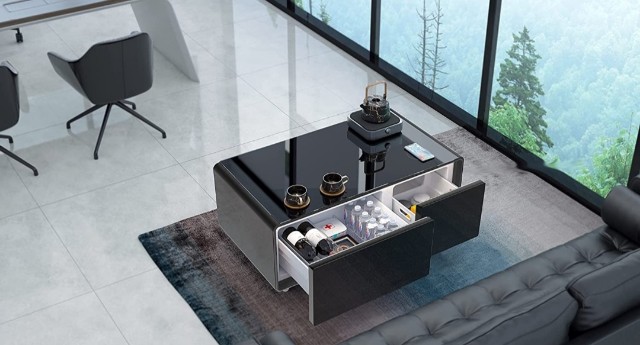 コーヒーテーブル, ブラックブラウン/ガラス Smart Coffee Tableで快適なライフスタイルを！内蔵冷蔵庫と機能満載で