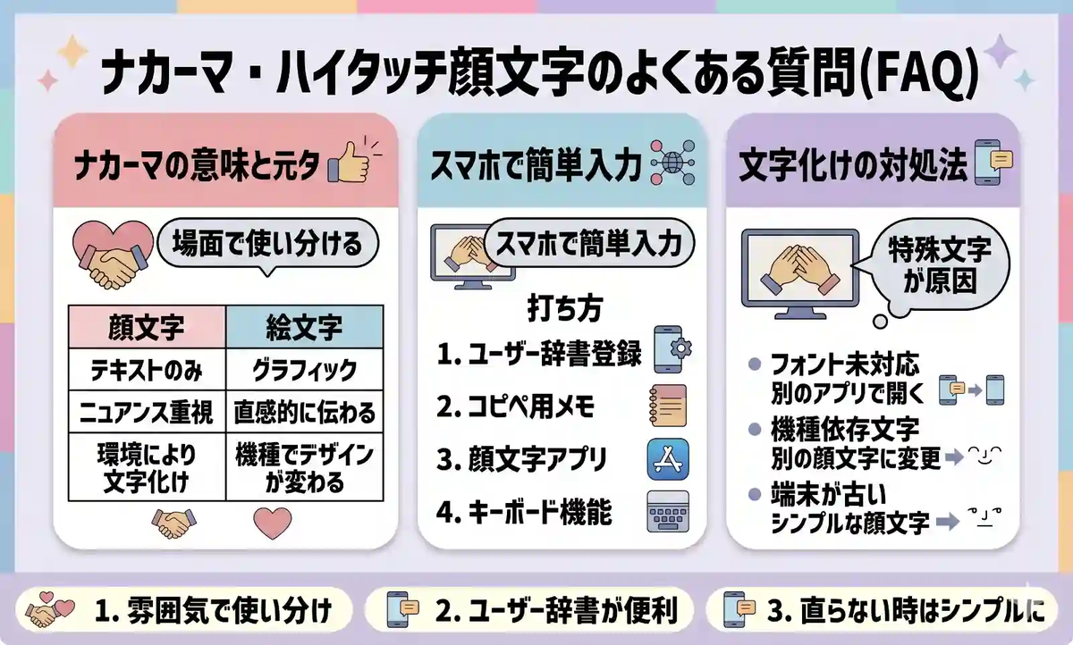 ナカーマやハイタッチ顔文字のよくある質問（FAQ）