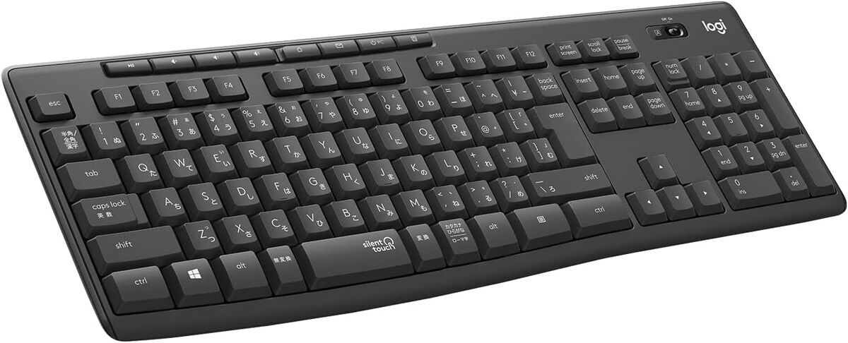 テンキー付きの黒いワイヤレスキーボード。