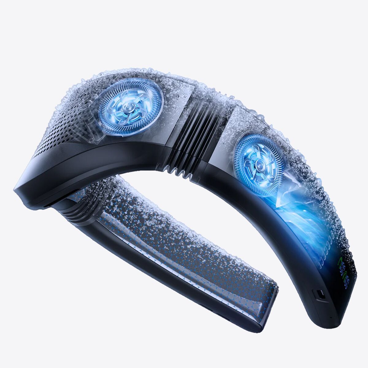 霜で覆われた冷却パネルとファンを備えた黒い折りたたみ式ネッククーラー TORRAS COOLIFY Cyber Fold