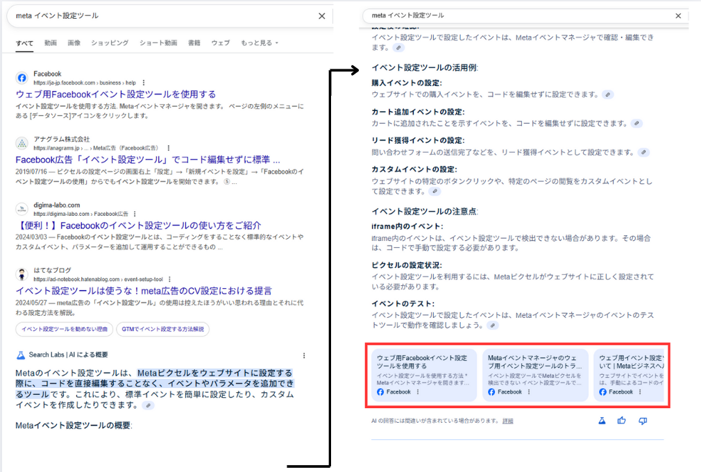 「meta イベント設定ツール」で検索したときのAI overviewのキャプチャ
