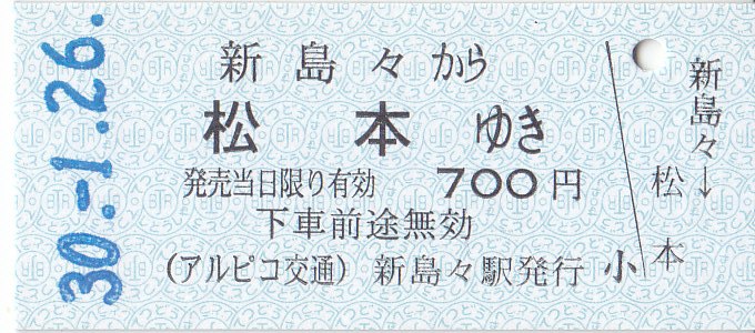 アルピコ交通 新島々駅発行 硬券乗車券・路線バス硬券乗車券