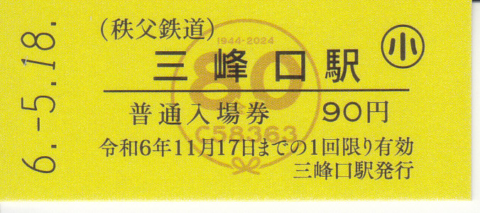 秩父鉄道 「蒸気機関車C58363号機傘寿祝記念入場券」 - きっぷ