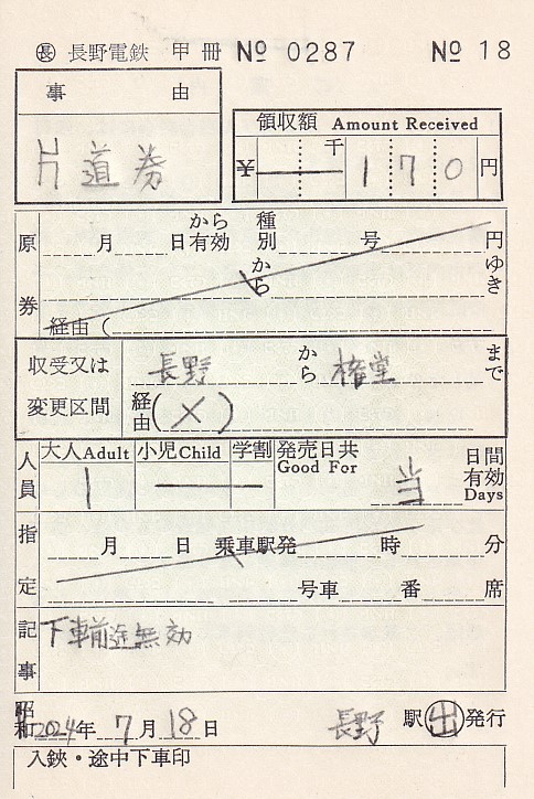長野電鉄 出札補充券 3 - きっぷ なんでも屋さん NEXT