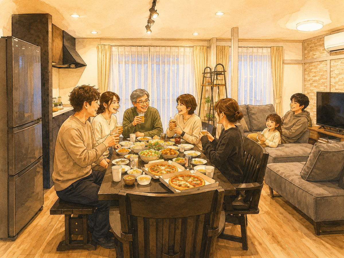 家族やグループで一棟貸しに宿泊するイメージ