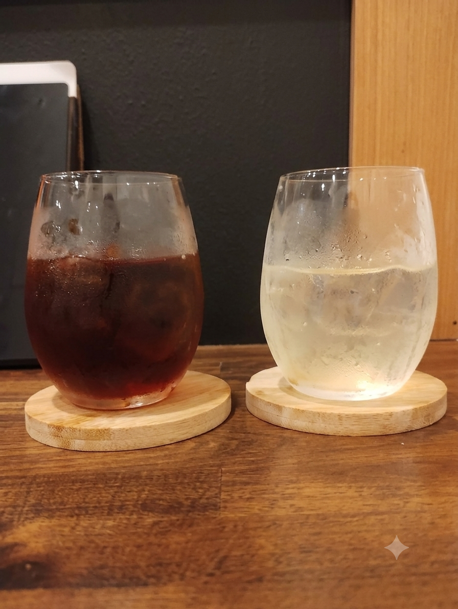    木のテーブルに置かれた2つのグラス。左はアイスティー、右はクラフトコーラ。どちらも氷が入っていて、涼しげな印象。