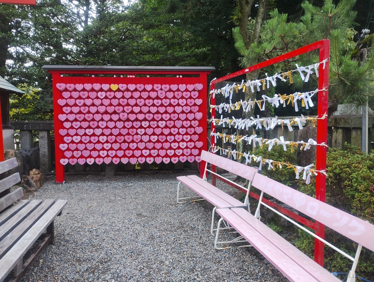 三光稲荷神社の境内に並ぶハート型の絵馬とおみくじ。赤い枠にピンクの絵馬がずらりと掛けられている。