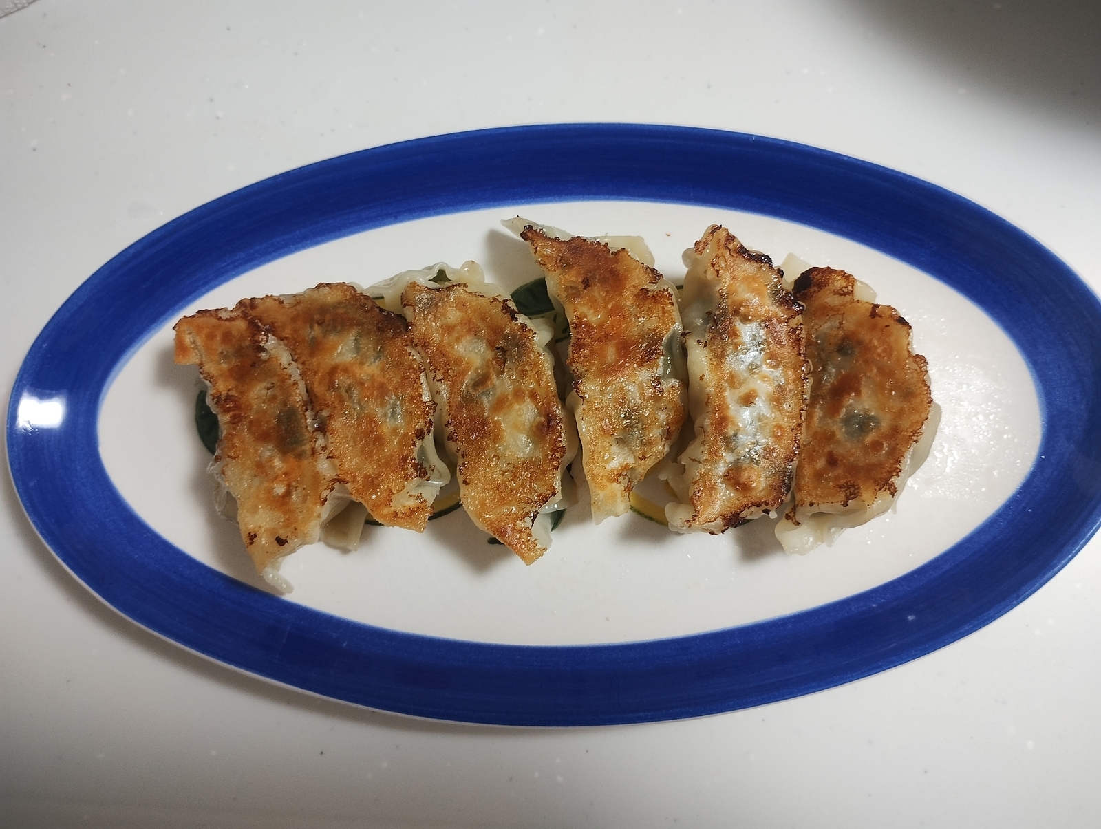 焼き色がついた手作り餃子が6個、青い縁の楕円形の皿に並んでいる。