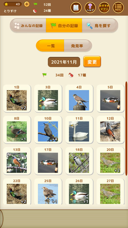 見つけた！野鳥図鑑 自分の記録