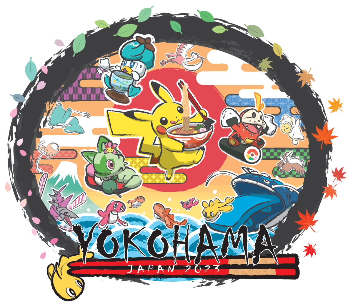 PWCのキーアート。下部に「YOKOHAMA JAPAN 2023」の文字と、中央にラーメンを持ったピカチュウ、右側にホゲータ・パピモッチ・カモネギ、上部にクワッスとオトシドリ、左側にゴンべ・ノノクラゲ・ニャオハ、下側にミガルーサ・ヘイラッシャ・複数のシャリタツがいる。