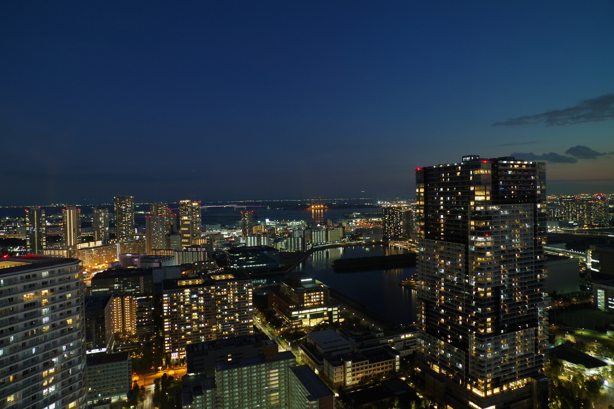 客室から見たレインボーブリッジ側の夜景。