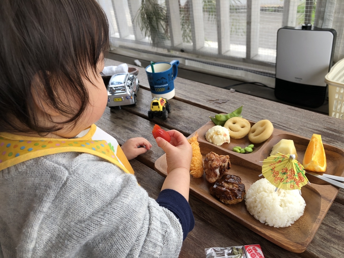 キッズプレートを前にした１歳の息子