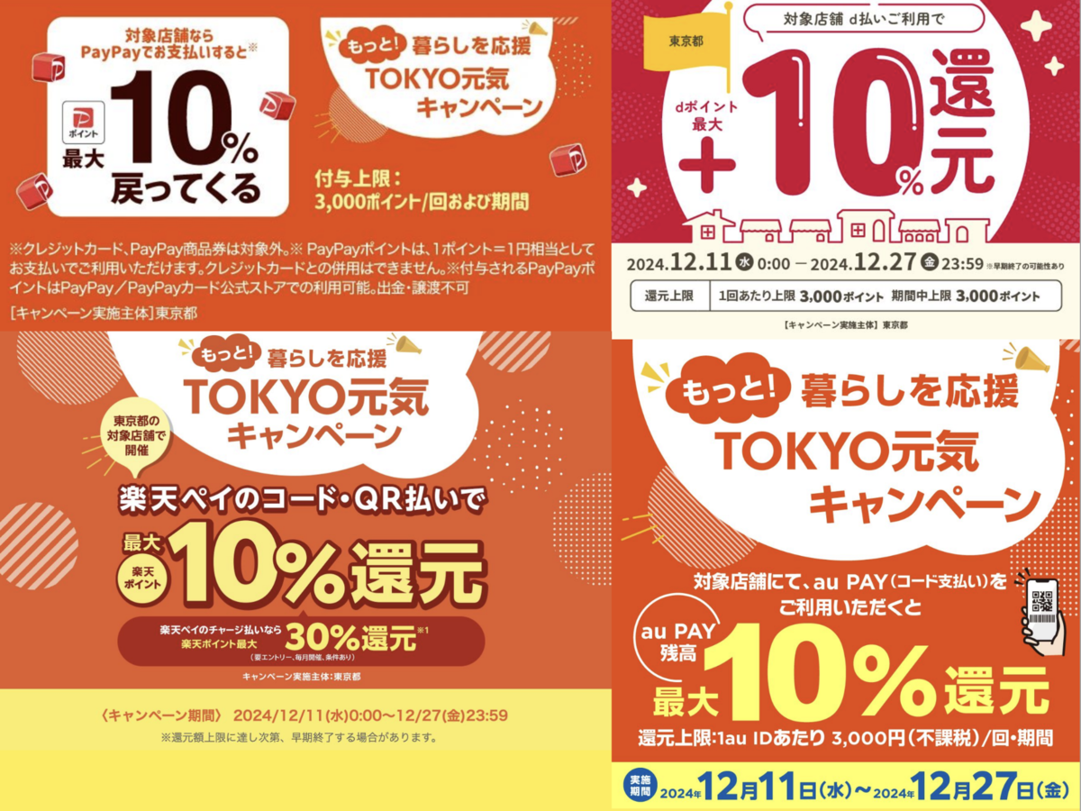 10％還元TOKYO元気キャンペーンがスタート【au PAY・d払い・PayPay・楽天ペイ・12/27まで】 - こぼねみ