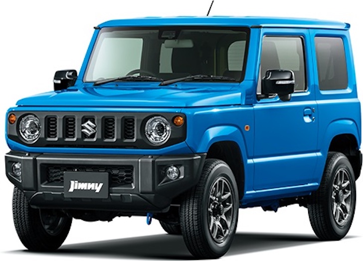 斜め前方から見た青色の新型スズキ・ジムニー