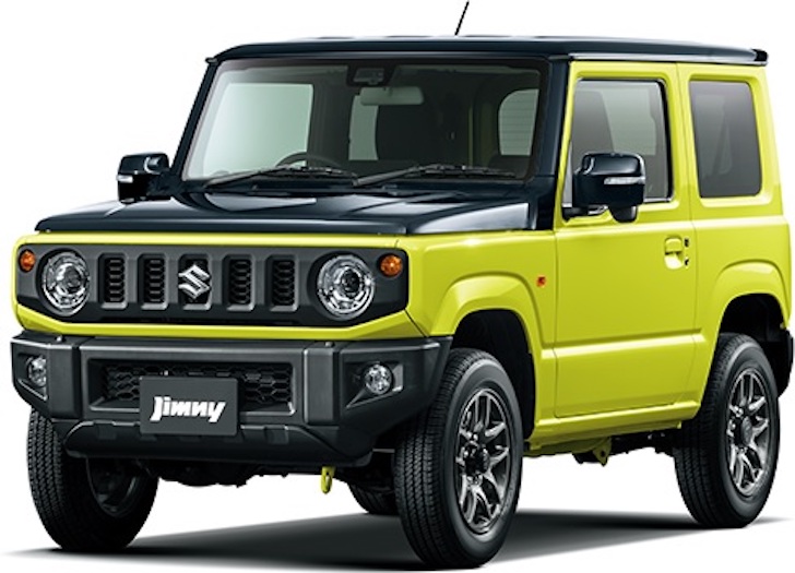 斜め前方から見た黄色と黒色のツートンカラーの新型スズキ・ジムニー