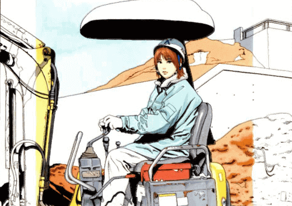 画像はKAWADEムック「総特集 江口寿史」より、週刊漫画アクション表紙に使われたイラストの一部です。ヘルメットをかぶった作業着姿の女の子が重機を操縦しています。
