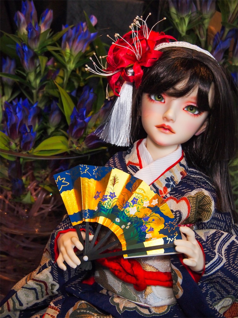 竜胆を背景に、赤い彼岸花の髪飾りを着けて紺色の着物を着たつかさくんの写真