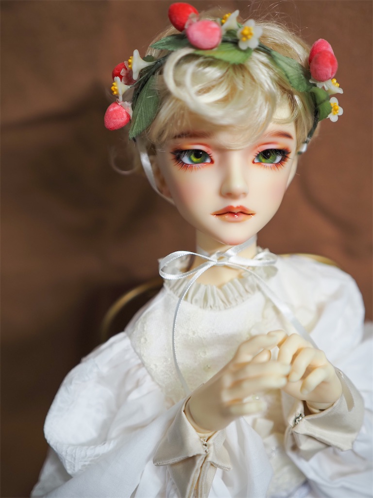 いちごの花冠を被った金髪のカーリーなショートヘアのつかさくんの写真