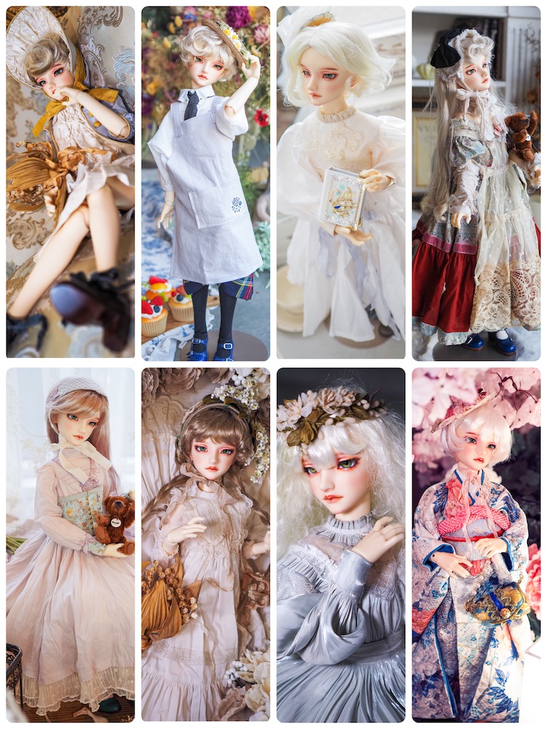 8種類のウィッグを着けたつかさくんの写真をまとめた画像。上段は左からブロンドのポンパドール、ブロンドのマッシュショート、白髪のセンターパートのセミロング、ブロンドの巻いたロングヘア。下段は下からピンクがかったブラウンのロングヘア、ブラウンの巻き髪、白髪のウェーブヘア、白髪のショートヘア。