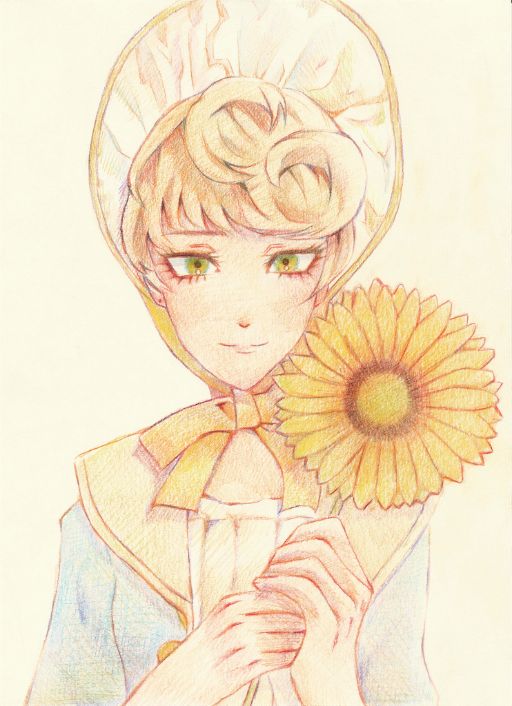 アンティークドールドレスを着たつかさくんが向日葵を持って微笑んでいるイラスト。色鉛筆で描かれている。