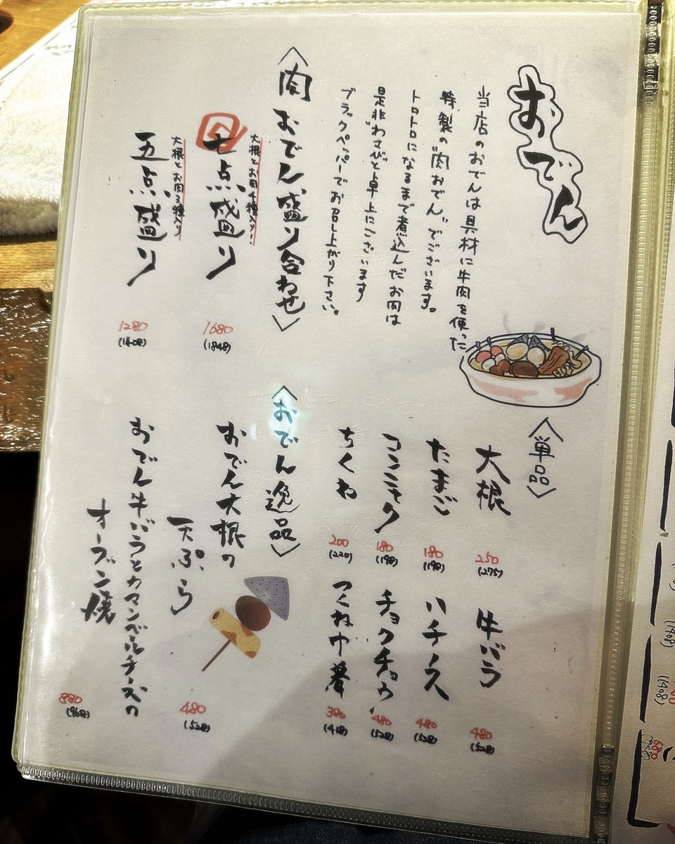 「鮮魚と炉端と肉おでん 烽（のろし）」のメニューと値段4