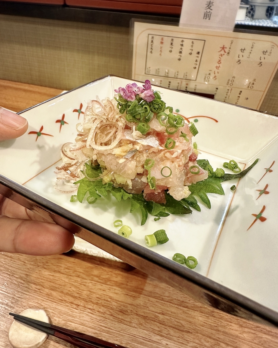 「蕎麦割烹 一心」でいただいた「鮮魚のなめろう」”800円（税別）