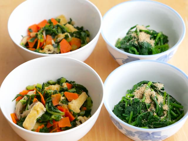 収穫した野菜で・大根葉の炒め煮と、ほうれん草のお浸し