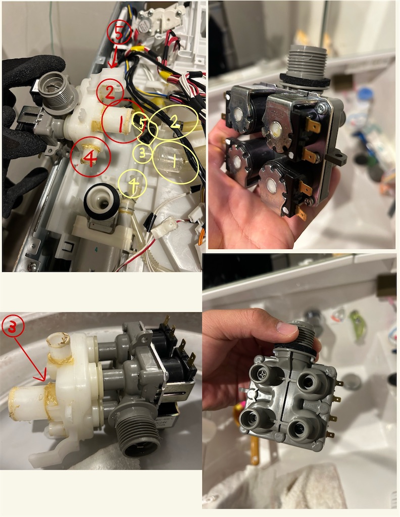 給水弁（電磁弁）故障　日立 ドラム式洗濯機 BD-SG100CL(W) 本体 日立：ドラム式洗濯機、BD-SG100BのC01エラーの修理を行いました