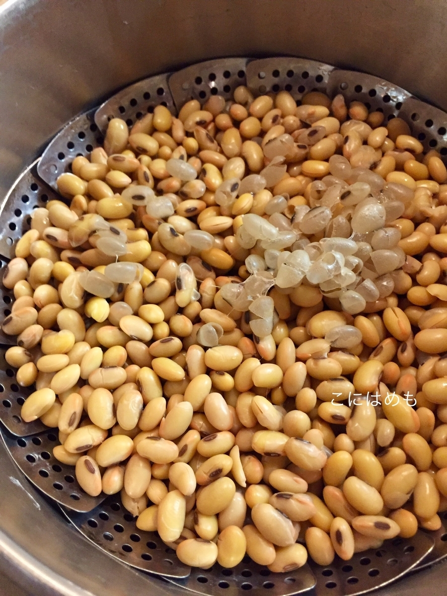 大豆を圧力鍋で蒸した後。