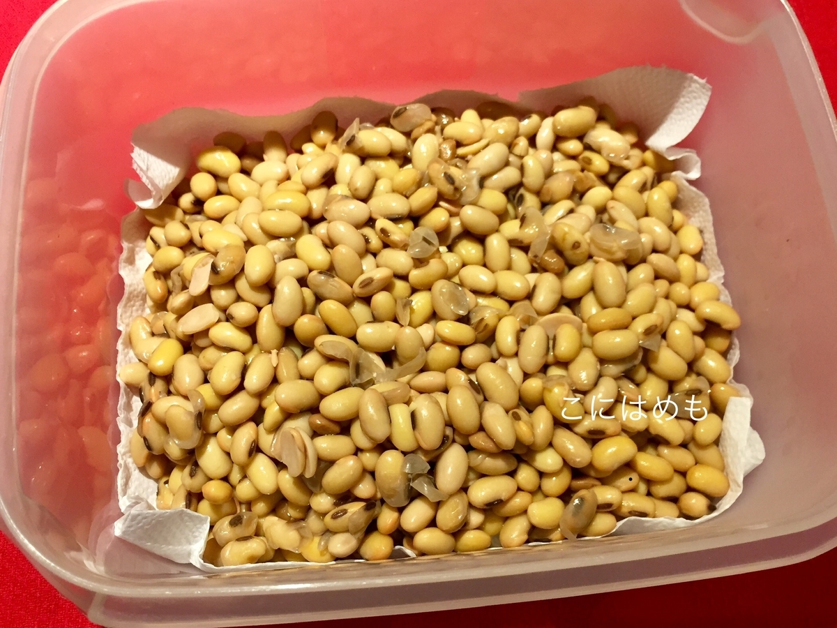 用意していた容器に納豆菌と大豆を混ぜたものを入れる。