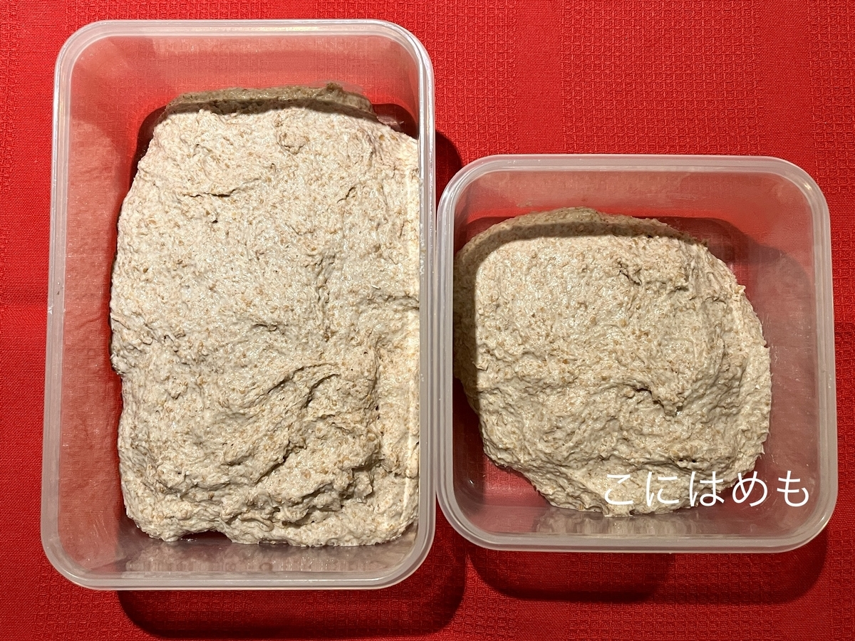 パン生地を保存容器に入れて、冷蔵庫で一晩寝かせる。