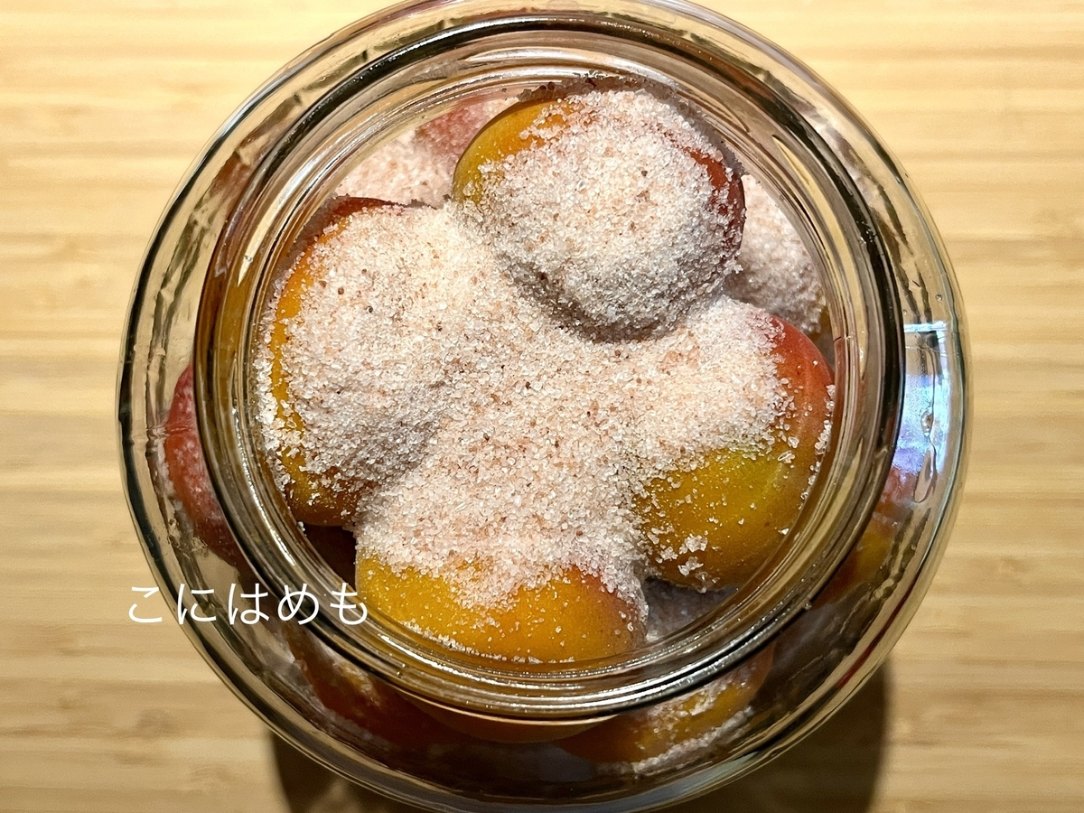 瓶にあんず、お塩を入れて層にしていく。