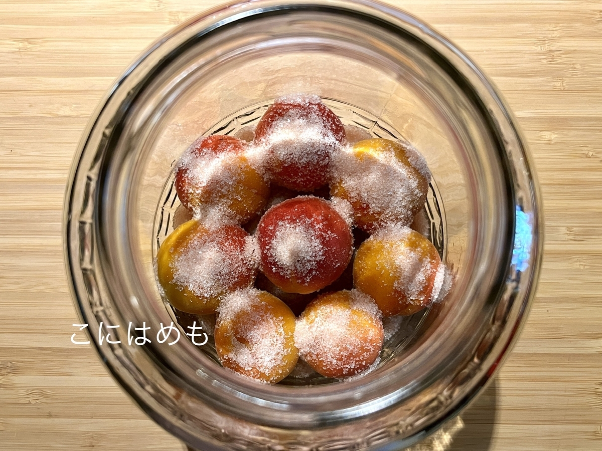 瓶にあんず、お塩を入れて層にしていく。