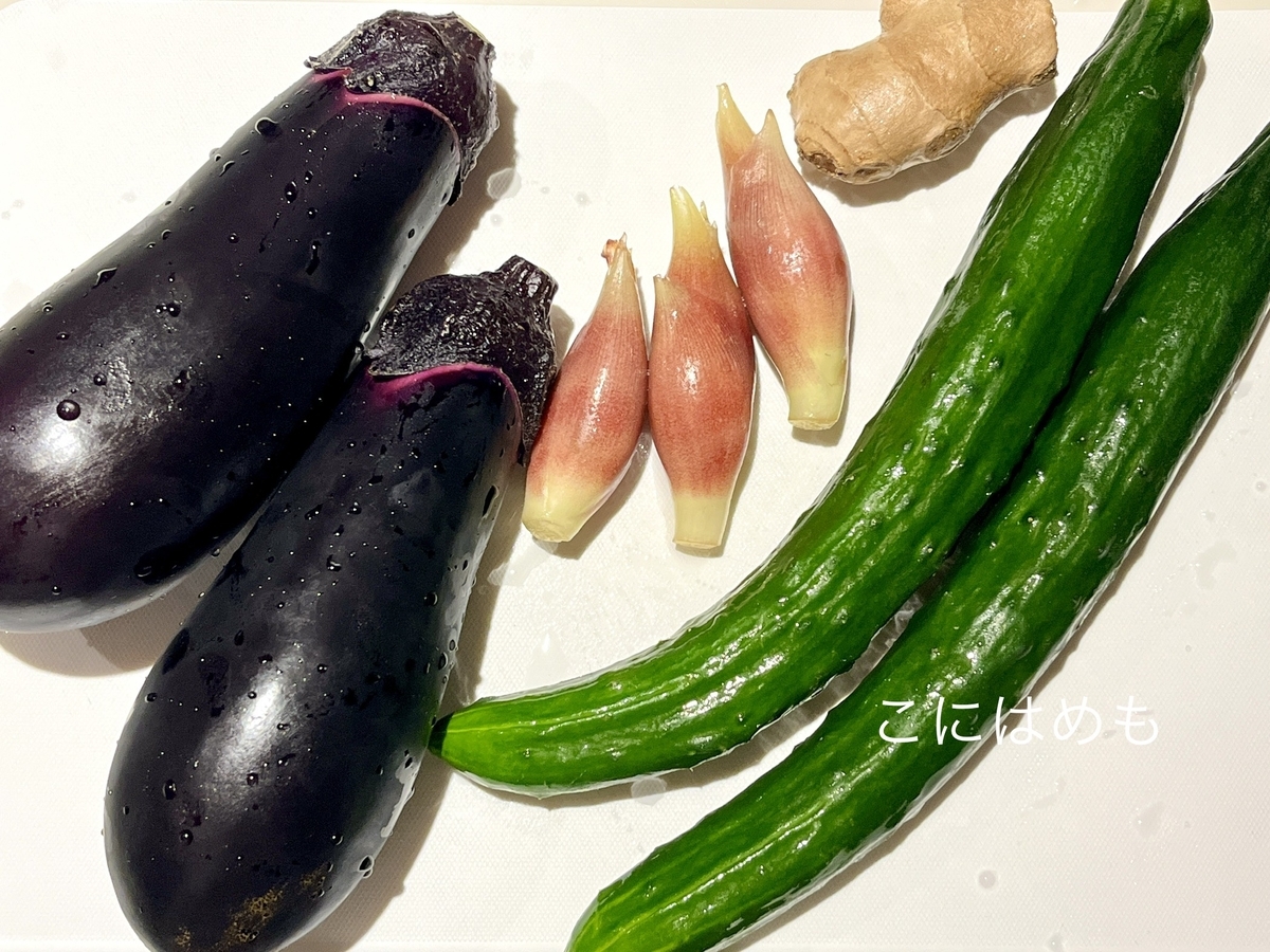 使用するお野菜「茄子、きゅうり、茗荷、生姜」