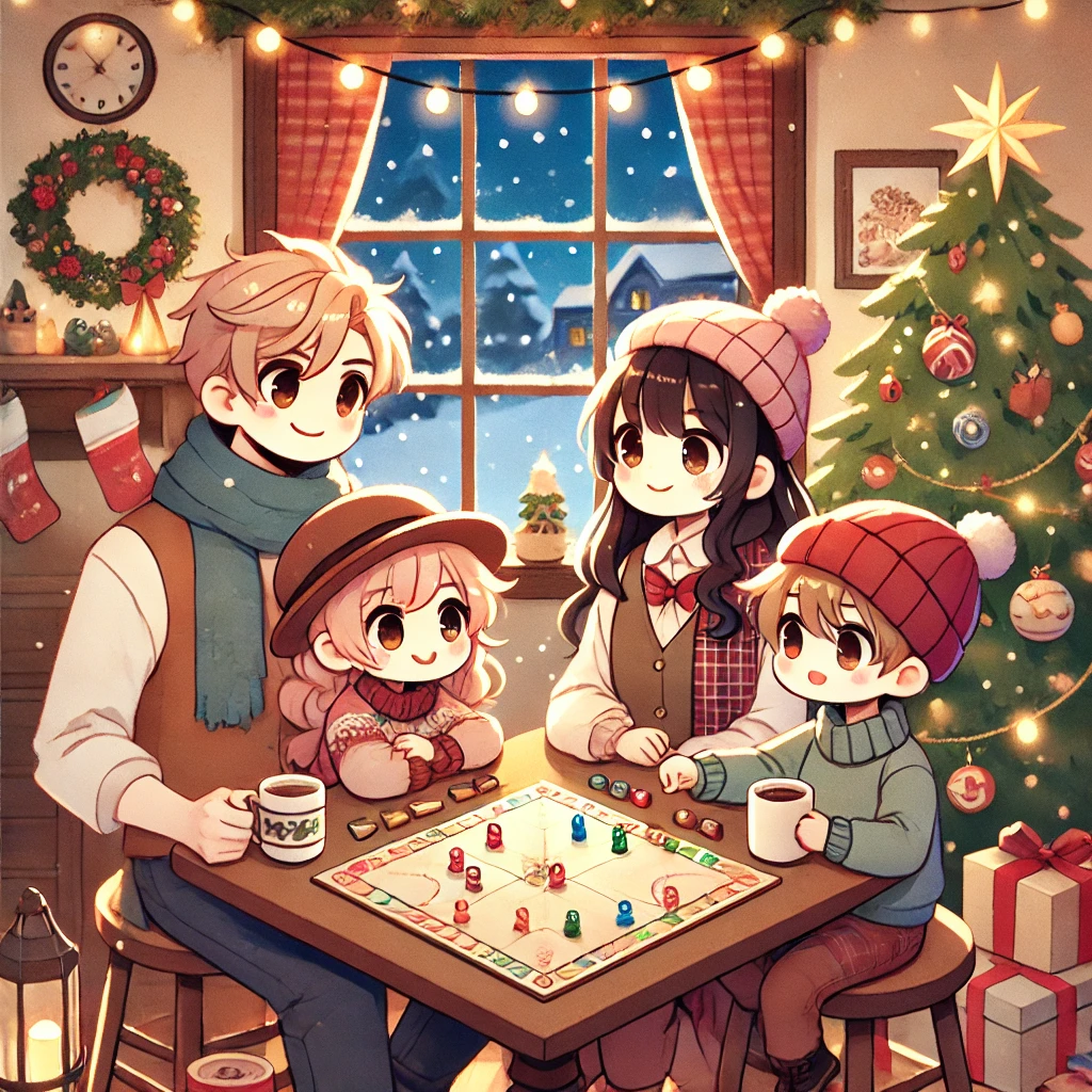 家族でボードゲームしているイラスト