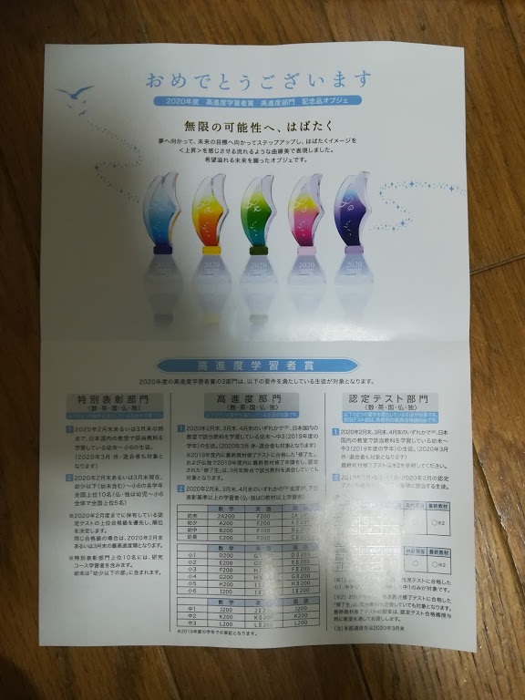 公文教室から年の高進度部門のオブジェをもらって帰りました 今年は次女が初ゲットです 子ども4人のドタバタ日記