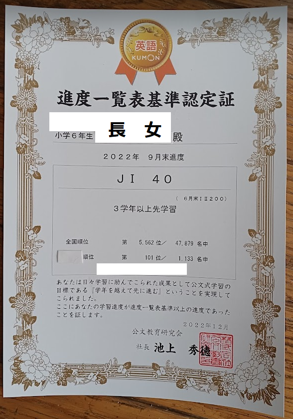 超希少！位記 公文書 子供達が公文 進度一覧表基準認定証（2022年9月末）をもらいました