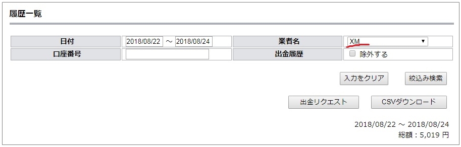 XMのキャッシュバック明細