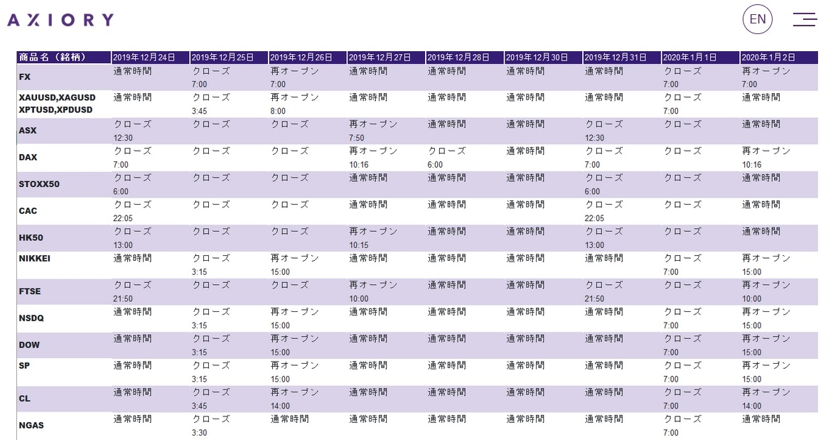 AXIORY年末年始スケジュール