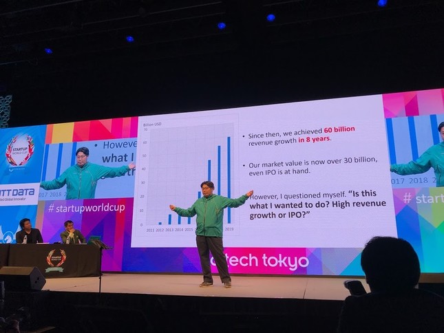 ピッチコンテストで全身を使いプレゼンするLooopの中村社長