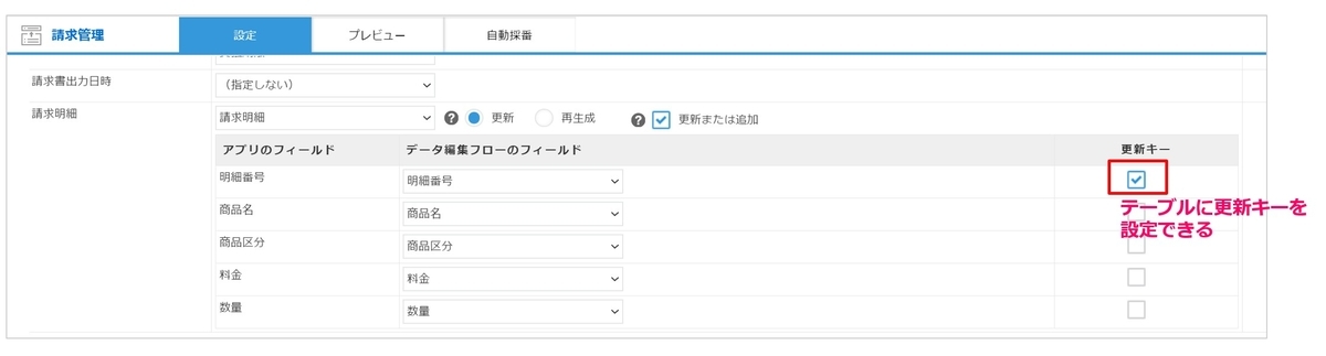 テーブルに更新キーを指定できる