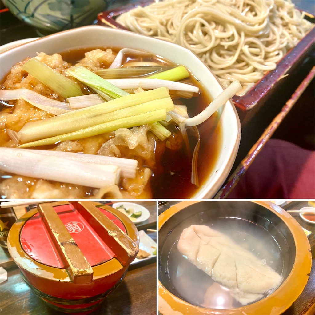 そばがき  翁庵（上野）そばがき＋ねぎせいろ＋油揚甘辛煮＋お新香 - 音•麺•酒
