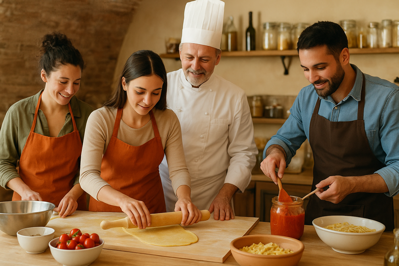 イタリアの料理教室で、参加者が地元産のトマトソースを使ったパスタ作りに挑戦している様子