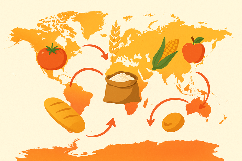 世界地図と食糧のイラストを組み合わせ、食糧問題のグローバルな広がりを視覚的に示す画像