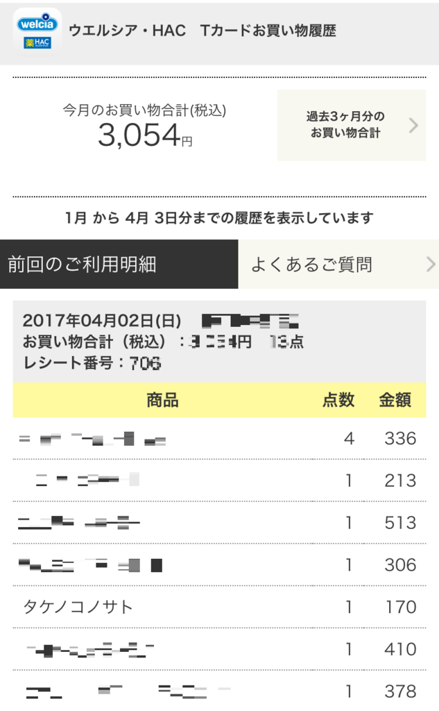 ウエルシア・HACアプリxTポイントアプリ 購入明細