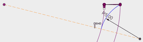 螺旋の中心と円弧の中心に作図線を引き、その線と円弧の端点と一致拘束を設定し、スケッチを終了します。 螺旋の中心と円弧の中心に作図線を引き、その線と円弧の端点と一致拘束を設定し、スケッチを終了します。